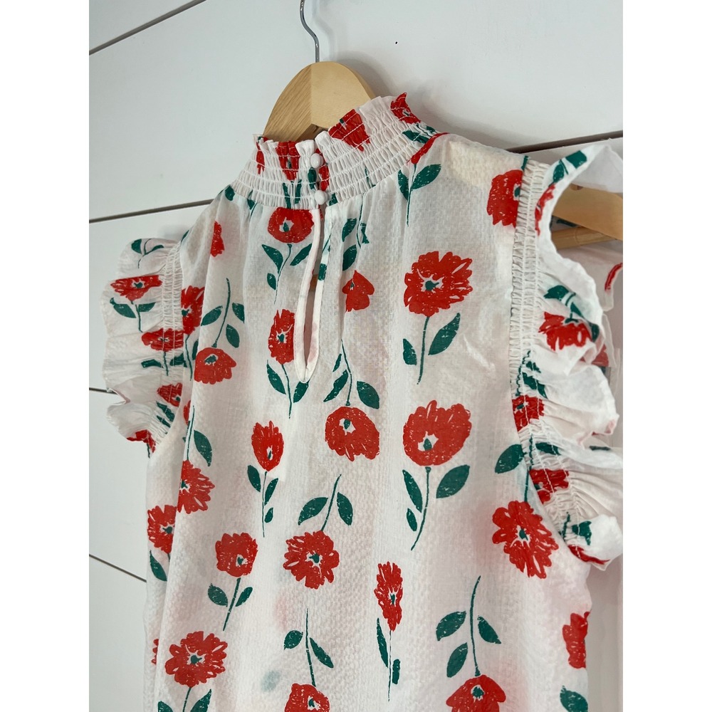 NWT THML Floral Smocked High Neck Ruffle Sleeve Top Red White Small Cottagecore - Picture 6 of 10